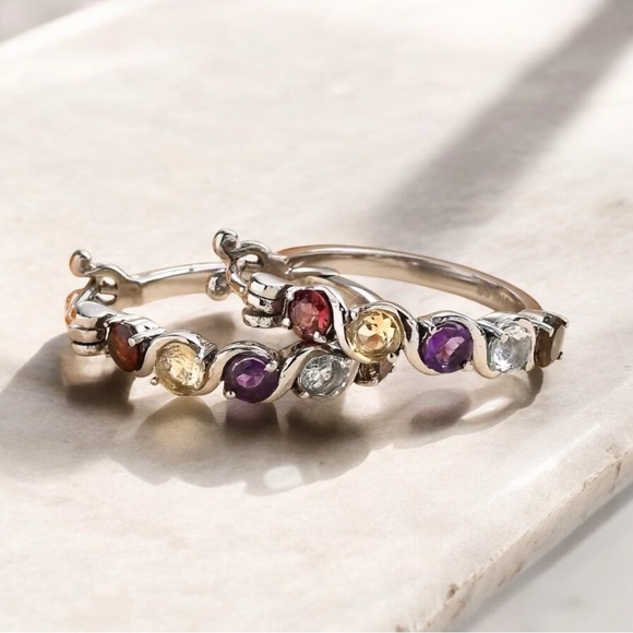 Multi Gemstone 2.60ctw Hoop Silver Earrings in Stainless Steel - Picture 3 of 8